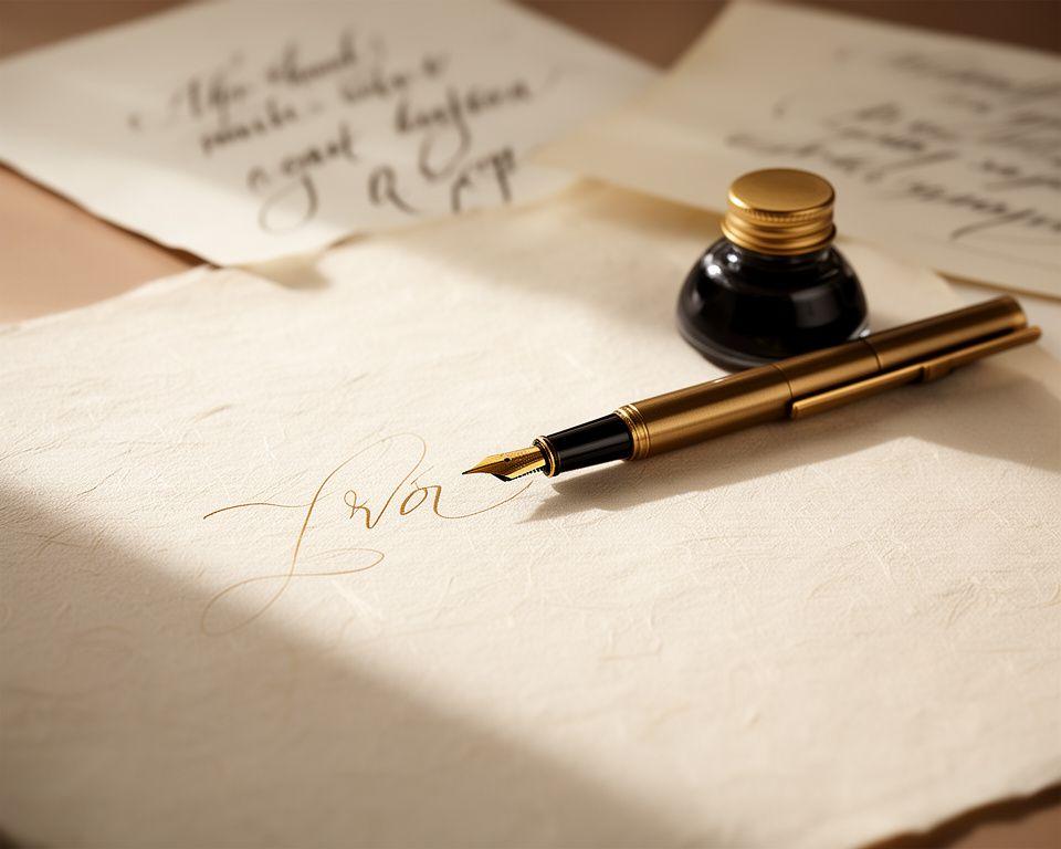 Composizione elegante con penna stilografica, inchiostro e fogli calligrafici che evocano la storia della calligrafia