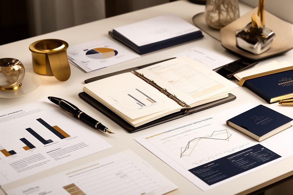 Scrivania elegante con grafici, taccuini e strumenti creativi per illustrare strategie di diversificazione del portfolio