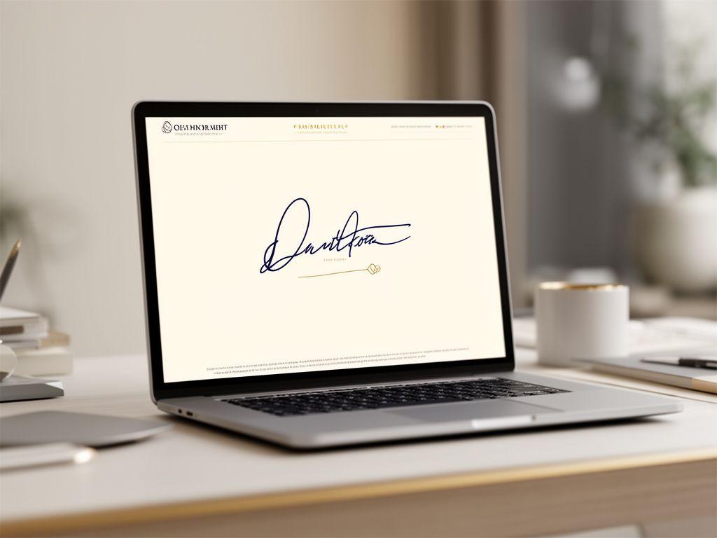 Firma digitale personalizzata per email e documenti aziendali con calligrafia elegante su schermo moderno