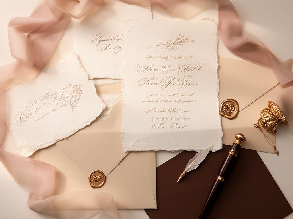 Inviti calligrafici per eventi esclusivi con carta pregiata, dettagli oro e tavolo creativo
