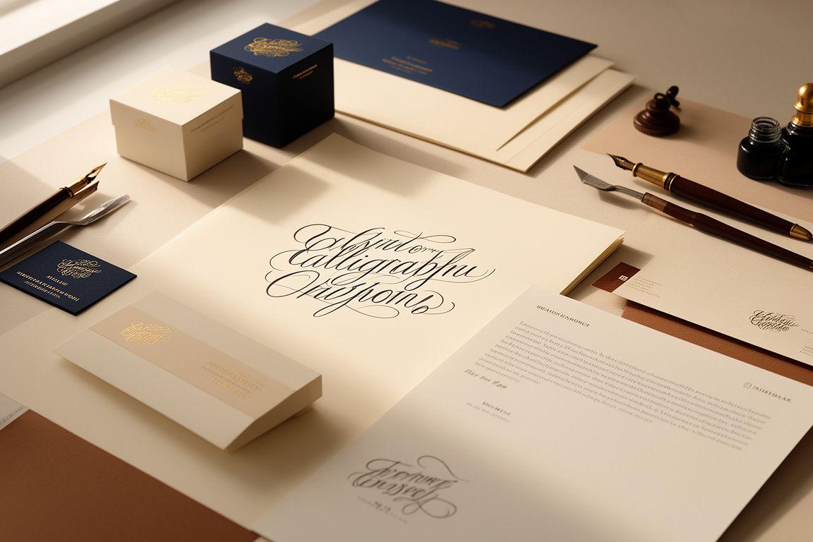 Esempio di branding scritto a mano per un marchio elegante con logo calligrafico, packaging raffinato e materiali coordinati