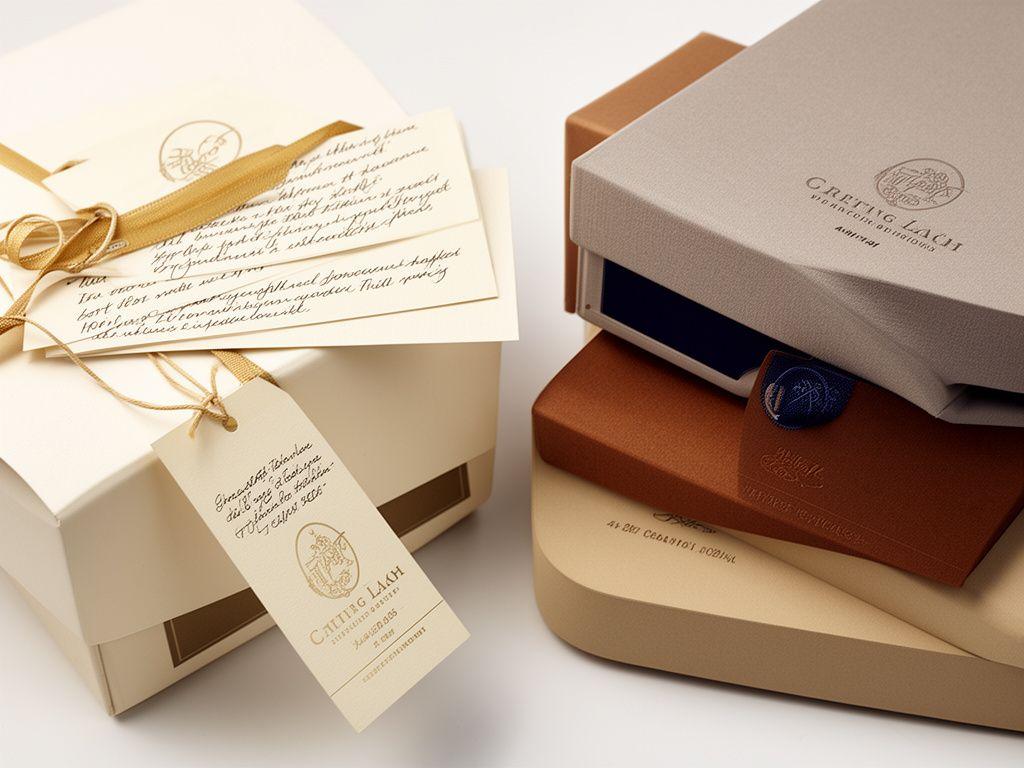 Etichette e packaging artigianale di lusso con calligrafia su carta e materiali premium