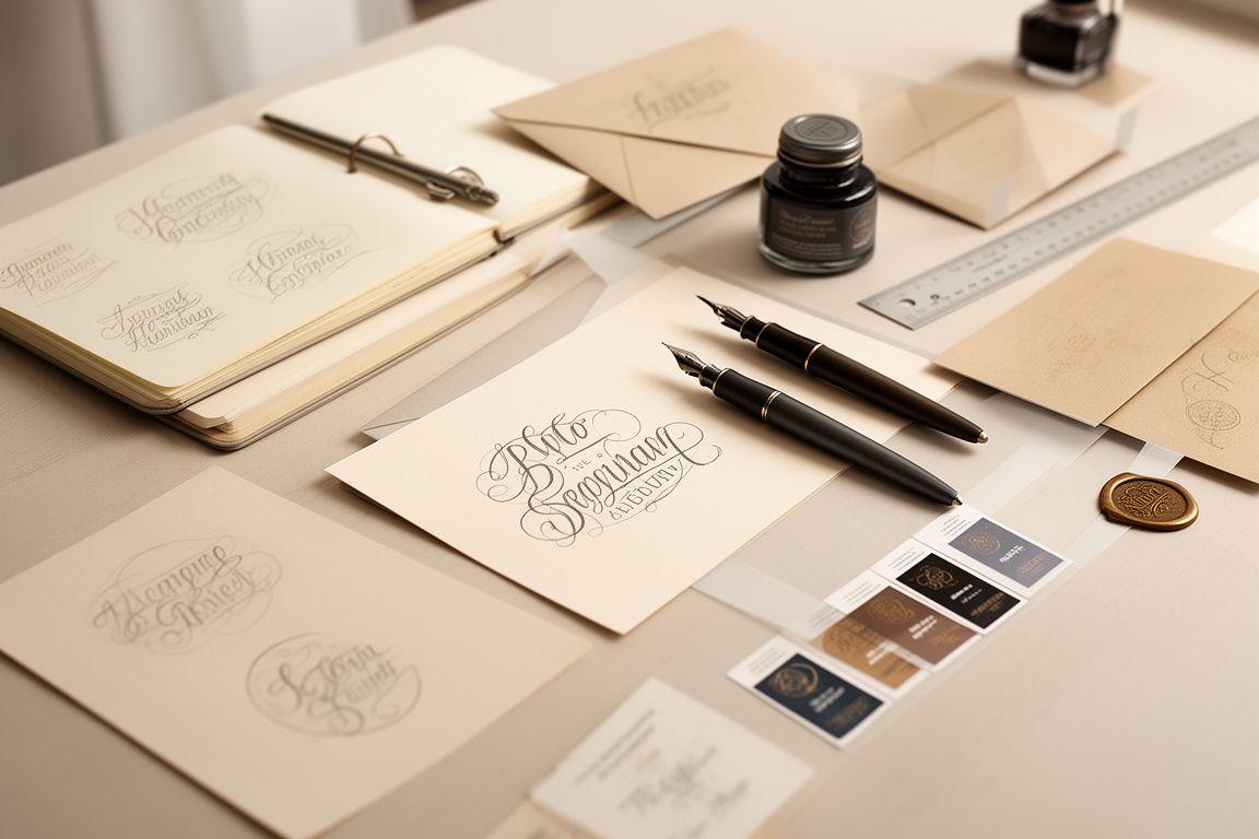 Workspace creativo con prove di logo calligrafico, penne e carta pergamenata