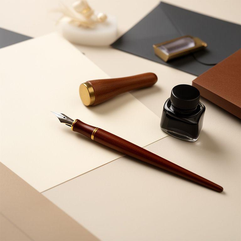 Pennini, fogli e inchiostro disposti in modo ordinato per un principiante di calligrafia