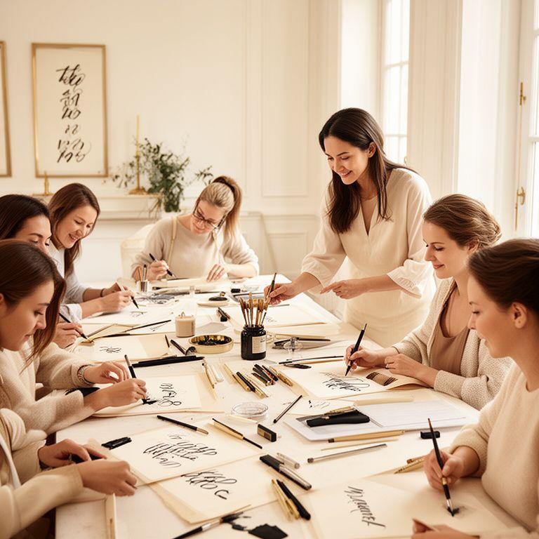 Gruppo di persone in un workshop di calligrafia con guida esperta e atmosfera elegante