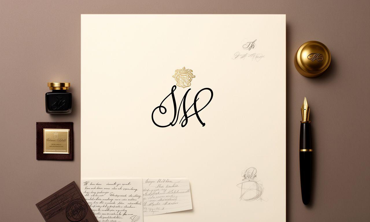 Monogramma scritto a mano per branding elegante su sfondo neutro