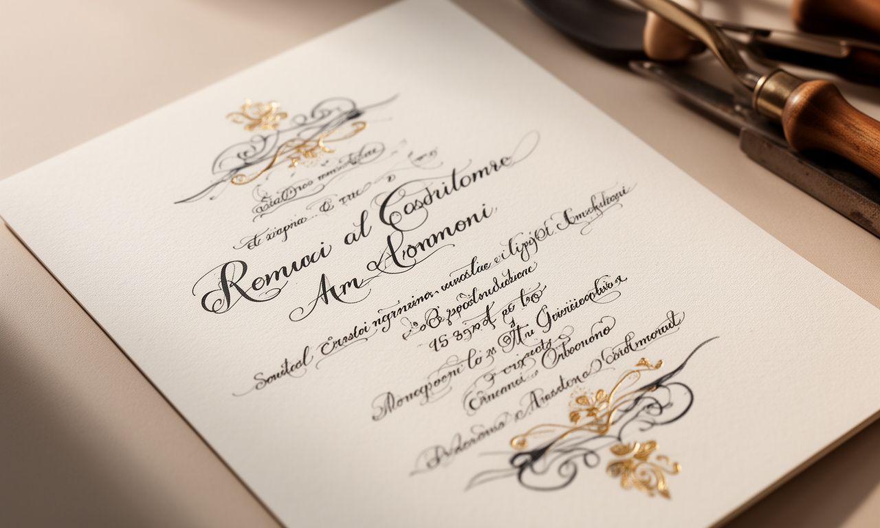 Invito calligrafico personalizzato con inchiostro scuro e dettagli dorati