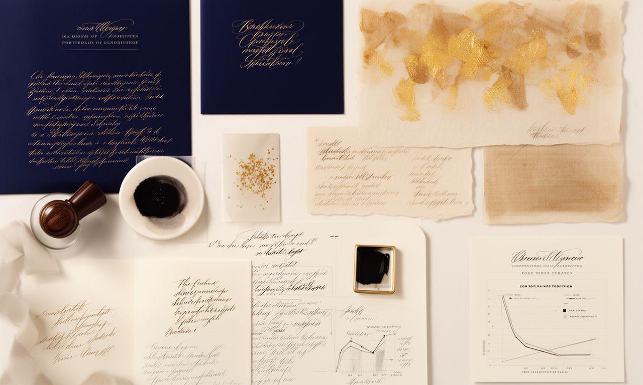 Moodboard creativo che unisce appunti di strategia del portfolio e calligrafia artistica