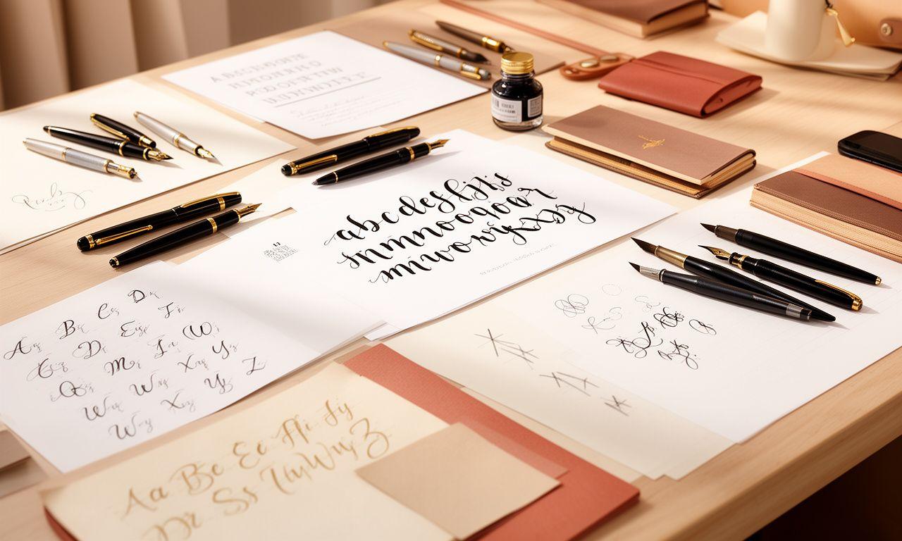 Tavolo da workshop con penne, carta pregiata e esercizi di calligrafia