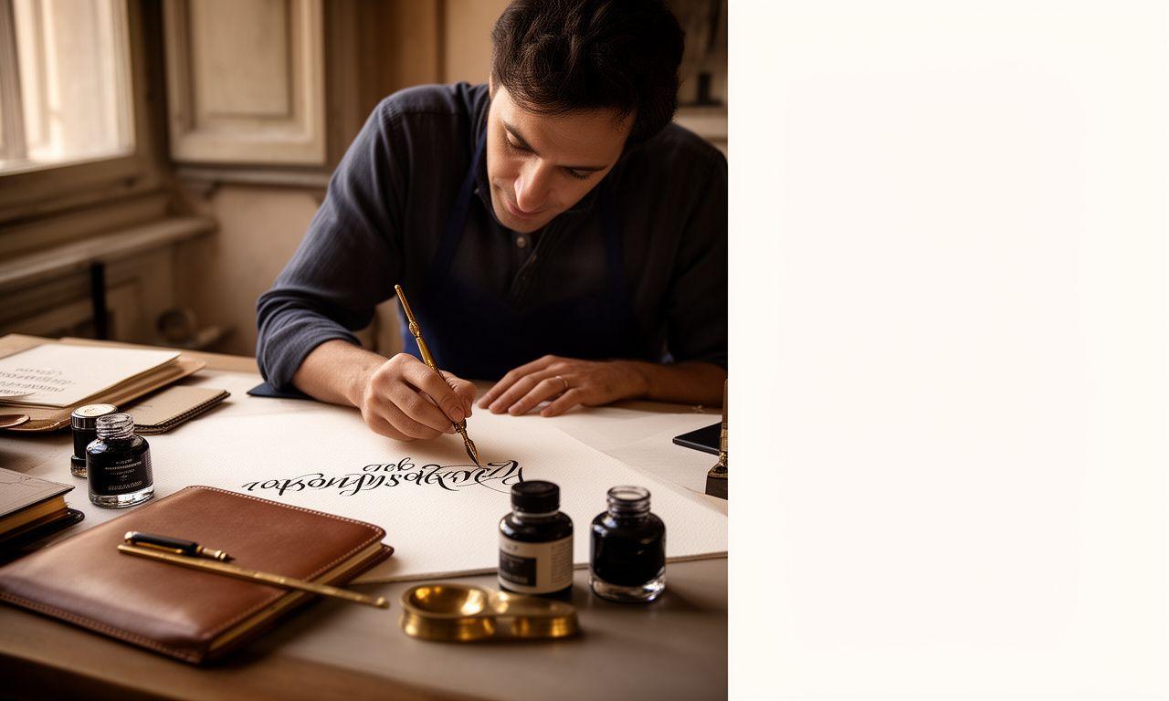 Partecipante a un workshop di calligrafia con pennino, inchiostro e carta pregiata